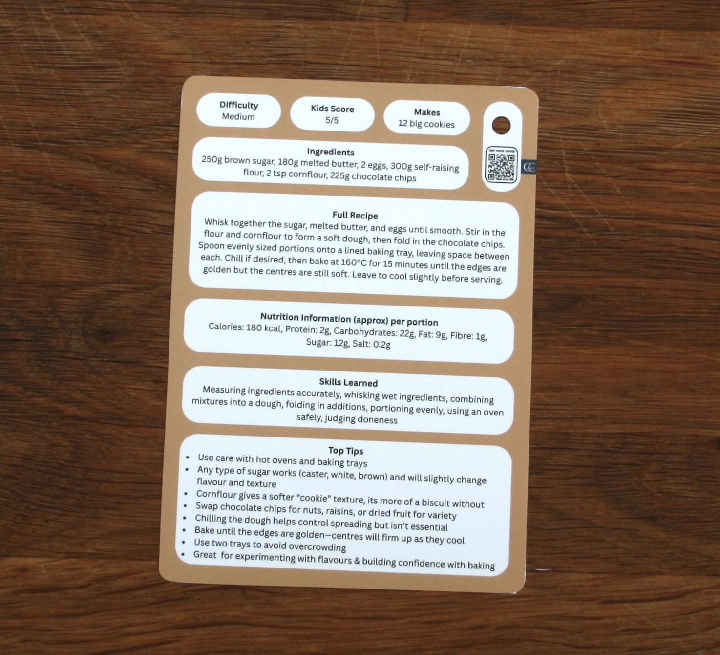 Back of the Chocolate Chip Cookie visual recipe card showing full recipe details