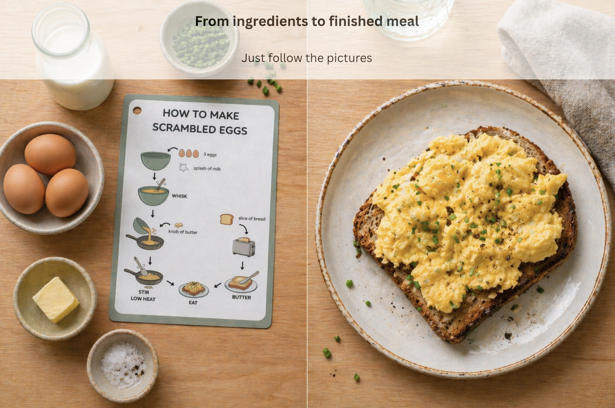 Before and after wipe-clean Scrambled Eggs visual recipe card