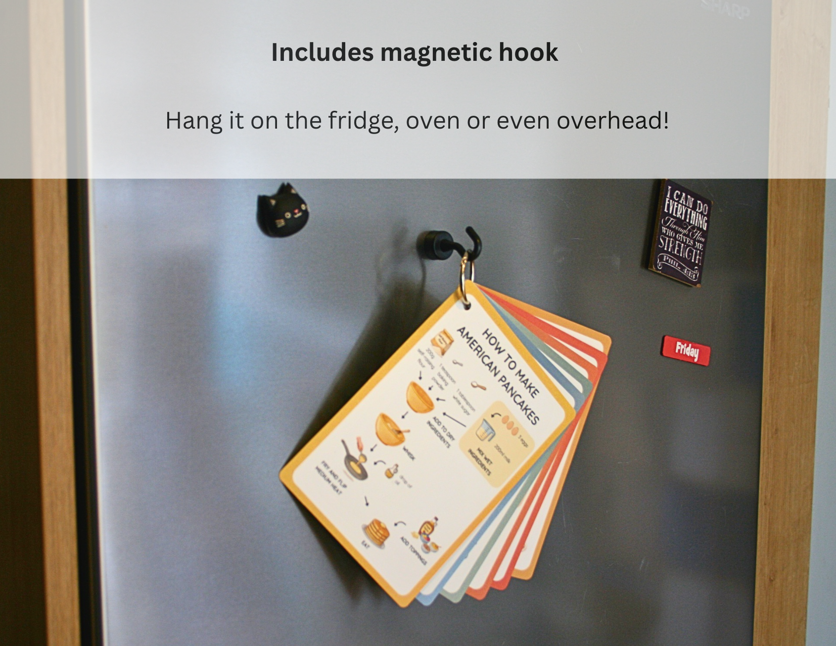 ClearCook visual recipe cards hanging on a fridge
