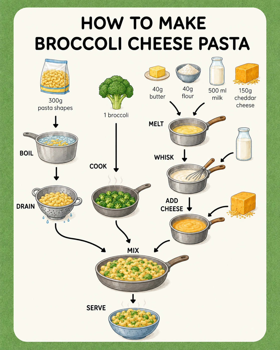 Broccoli Cheese Pasta visual recipe card for kids with step-by-step picture instructions