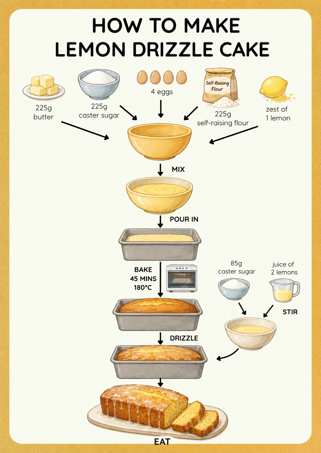 Lemon Drizzle Cake visual recipe card for kids with step-by-step picture instructions