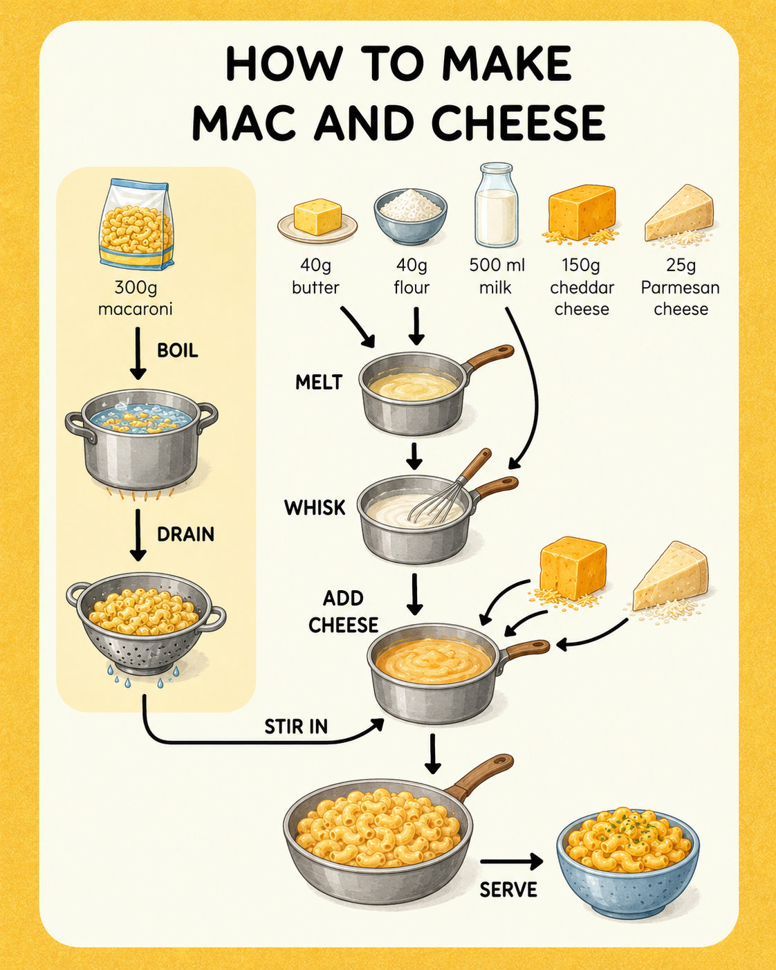 Mac and Cheese visual recipe card for kids with step-by-step picture instructions