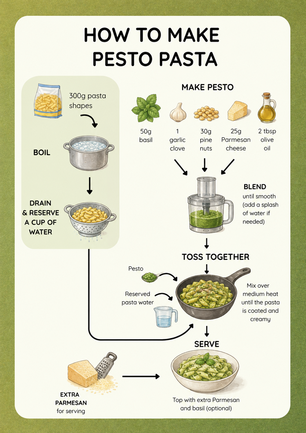 Pesto Pasta visual recipe card for kids with step-by-step picture instructions