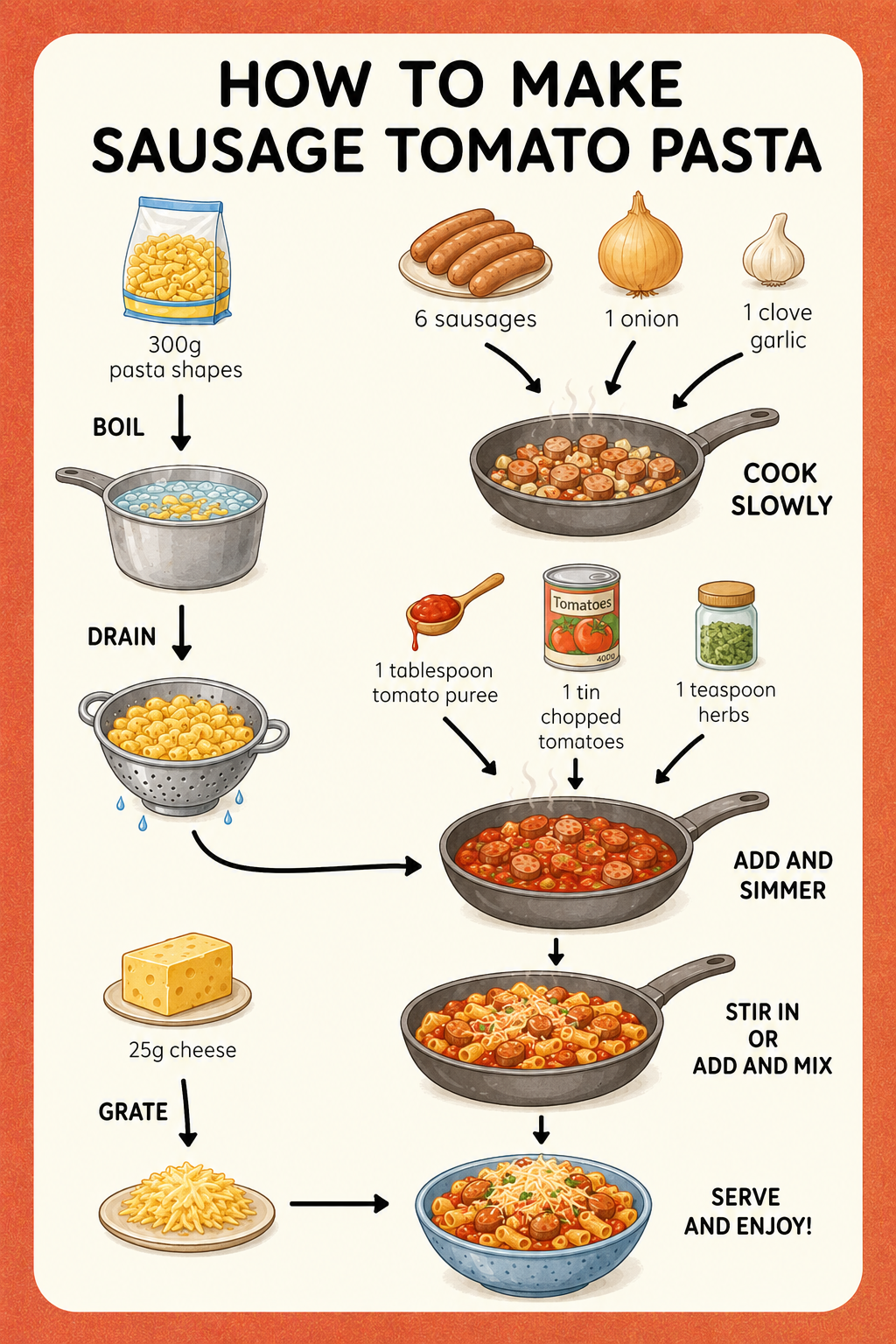 Sausage Tomato Pasta visual recipe card for kids with step-by-step picture instructions